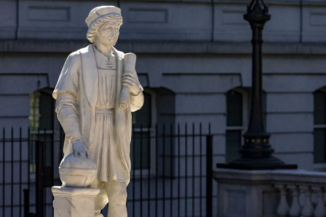 A statue of the explorer Christopher Columbus stands on White House grounds at the Eisenhower Executive Office Building (EEOB) in Washington, D.C., on March 23, 2026.