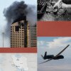 A collage of images including an Iranian-designed Shahed-136 drone flown by Russia in 2025, smoke rising after drone strike in Port Sudan in 2025, smoke billowing out of a high-rise building in Kuwait City on March 8, a map of Iran and surrounding countries, a photo of a small commercial drone being used by a Ukrainian soldier in 2023 and a Global Hawk drone flying over California in 2023.