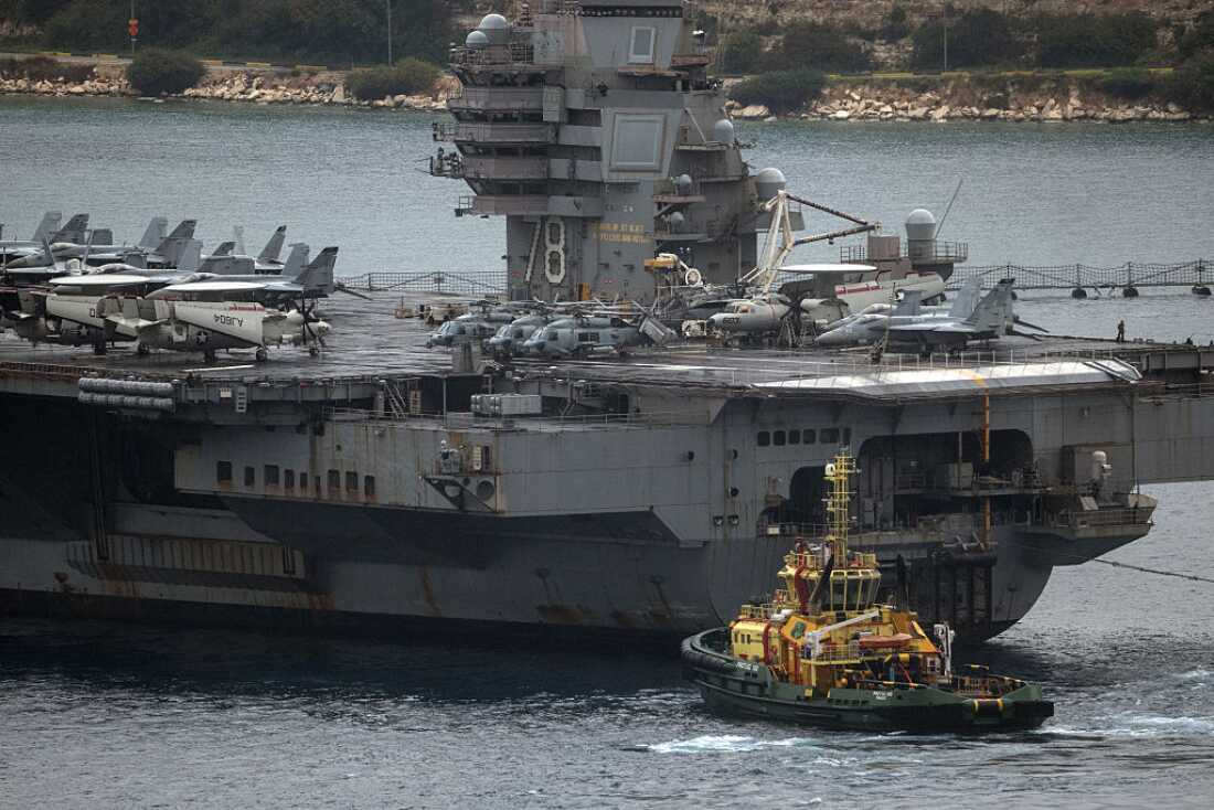 The United Stated Navy aircraft carrier USS Gerald R. Ford arrives in Souda Bay on March 23, 2026 in Souda, Greece.