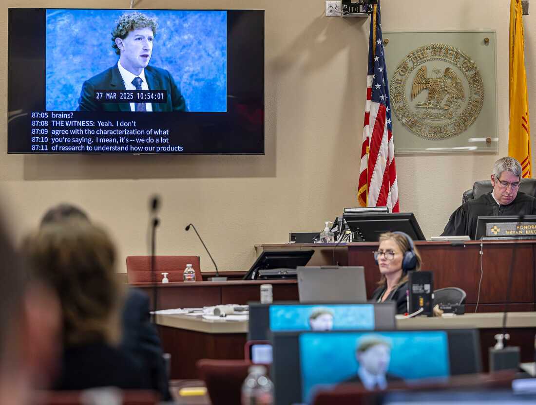 A recording of Meta Founder and CEO Mark Zuckerberg's deposition is played for the jurors on March 4 in Santa Fe, N.M.