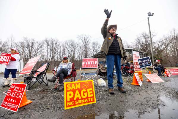Sam Page, candidate for North Carolina State Senate, campaigns at the Rockingham County Agriculture Center in Reidsville, N.C., on Tuesday, March 3, 2026. (Woody Marshall/News & Record via AP)