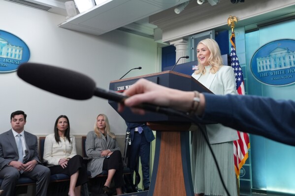White House press secretary Karoline Leavitt speaks with reporters in the James Brady Press Briefing Room at the White House, Wednesday, March 25, 2026, in Washington. (AP Photo/Alex Brandon)