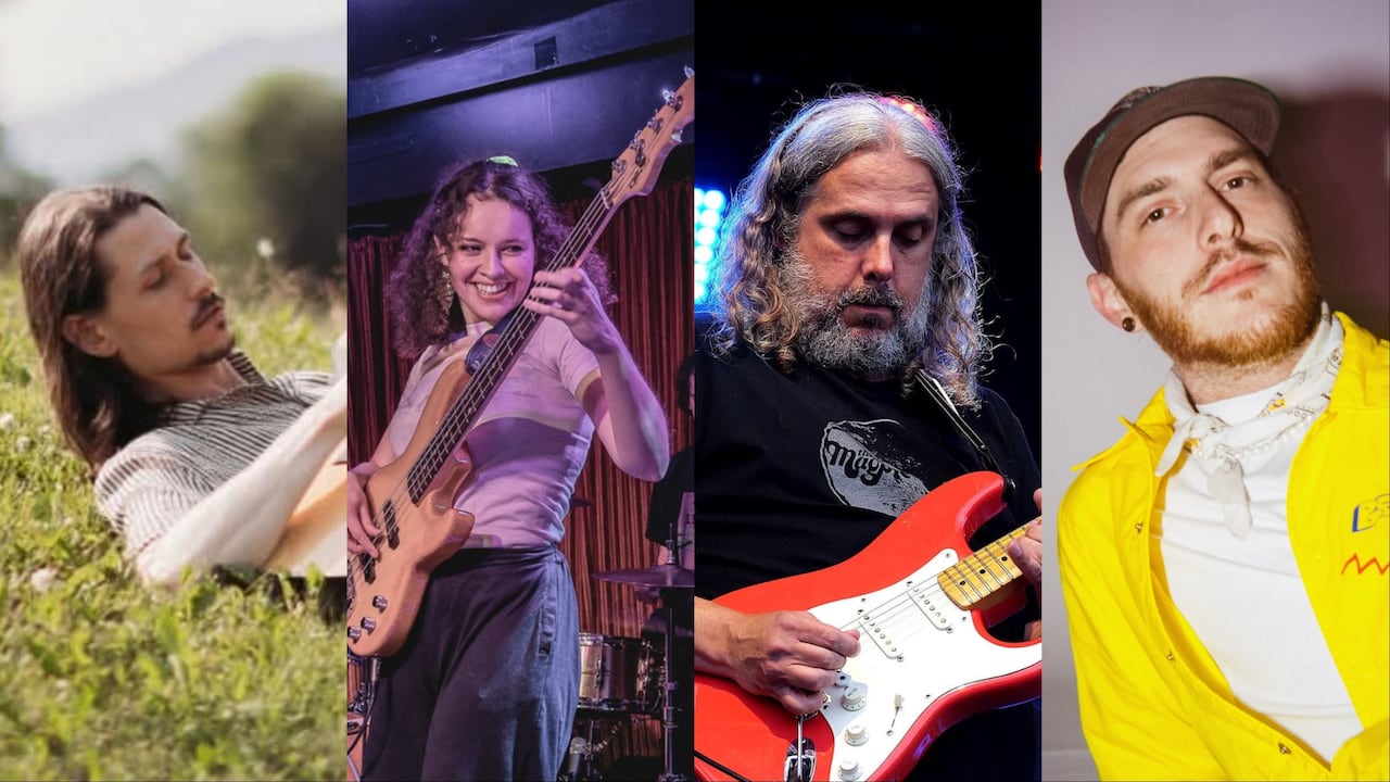 A collage of four people, three of whom are plying guitars