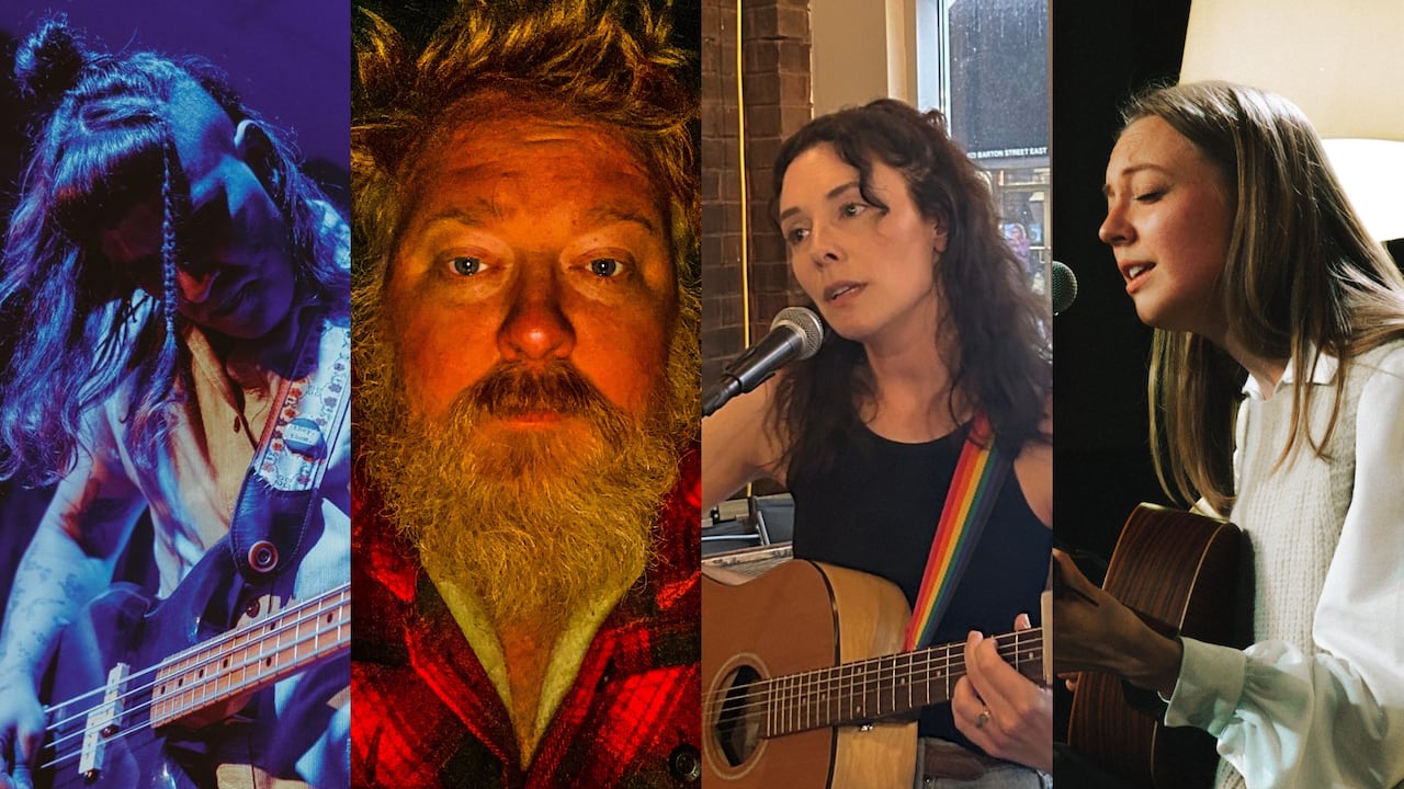 A collage showing three people playing guitar and one looking into the camera.