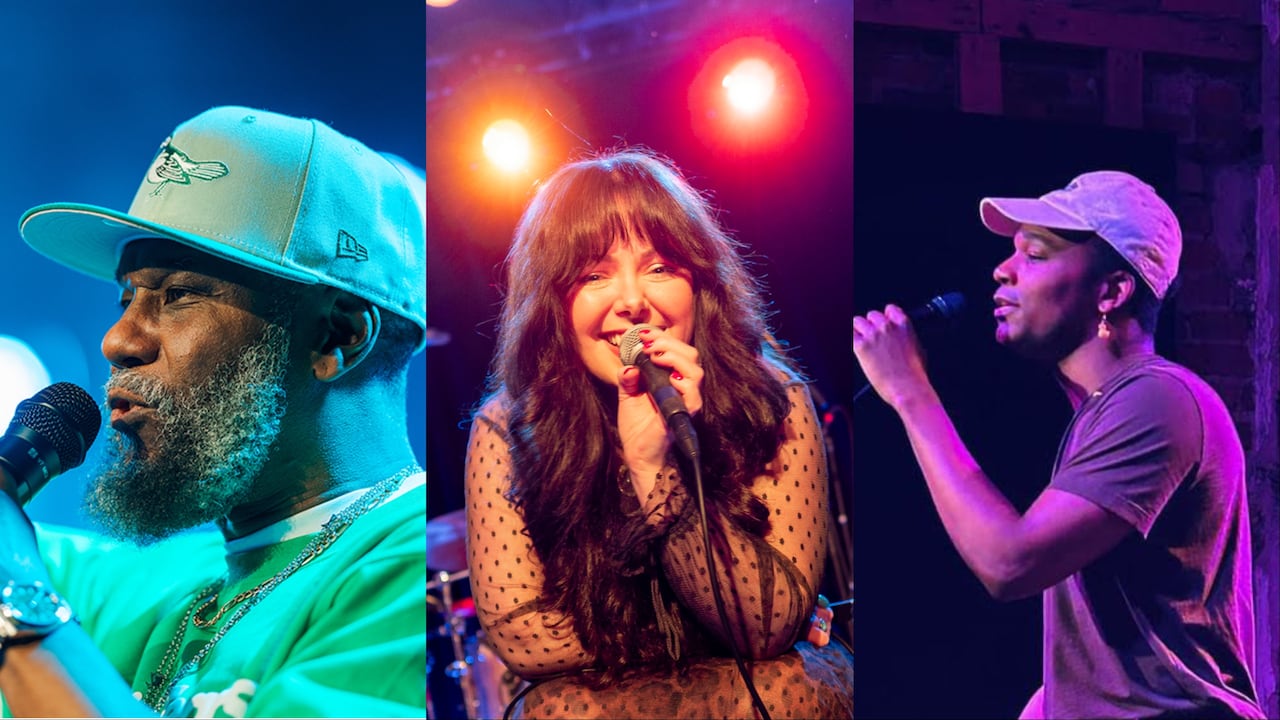 A collage showing three people on stage singing into microphones.