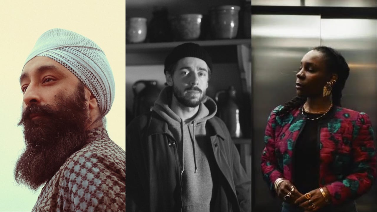 A collage showing portraits of three people. 