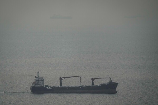 A cargo ship carrying vehicles sails through the Arabian Gulf toward the Strait of Hormuz in the United Arab Emirates, Sunday, March 22, 2026. (AP Photo)