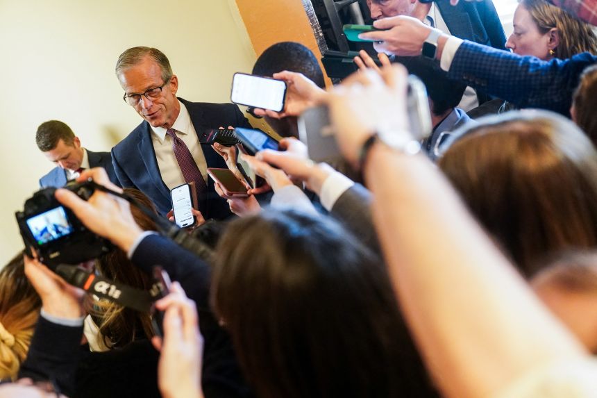 Senate Majority Leader John Thune speaks to the media at the US Capitol on Thursday.