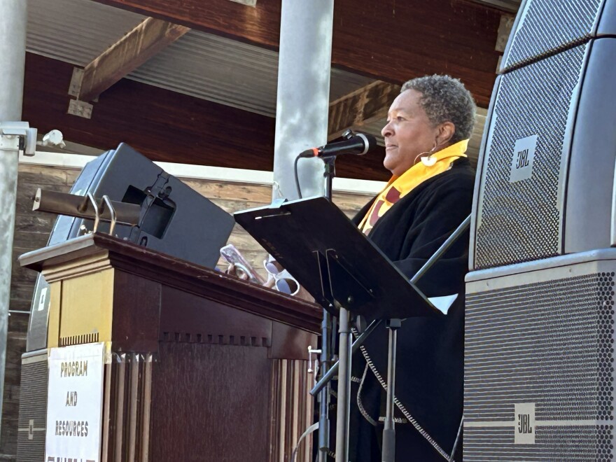 Rev. Carolyn Foster of St. Mark’s Episcopal Church in Birmingham speaks into a microphone at the No Kings protest in Railroad Park.