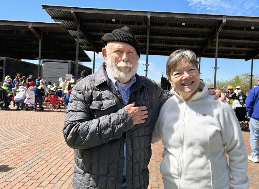 Ralph Hare with wife Carrie Ann Hare stand in front of the pavilion at Railroad Park in Birmingham.
