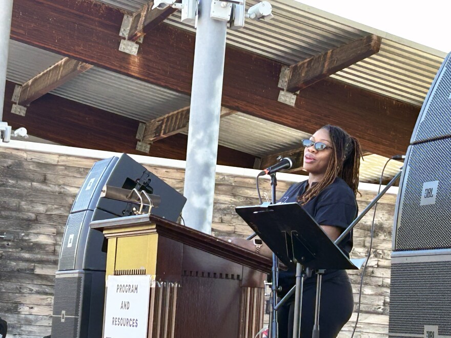 JaTaune Bosby Gilchrist, executive director of the ACLU of Alabama, spoke to the crowd at the No Kings protest in Birmingham.