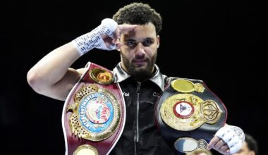 Moses Itauma celebrates winning his WBA international and WBO inter-continental heavyweight bout against Jermaine Franklin