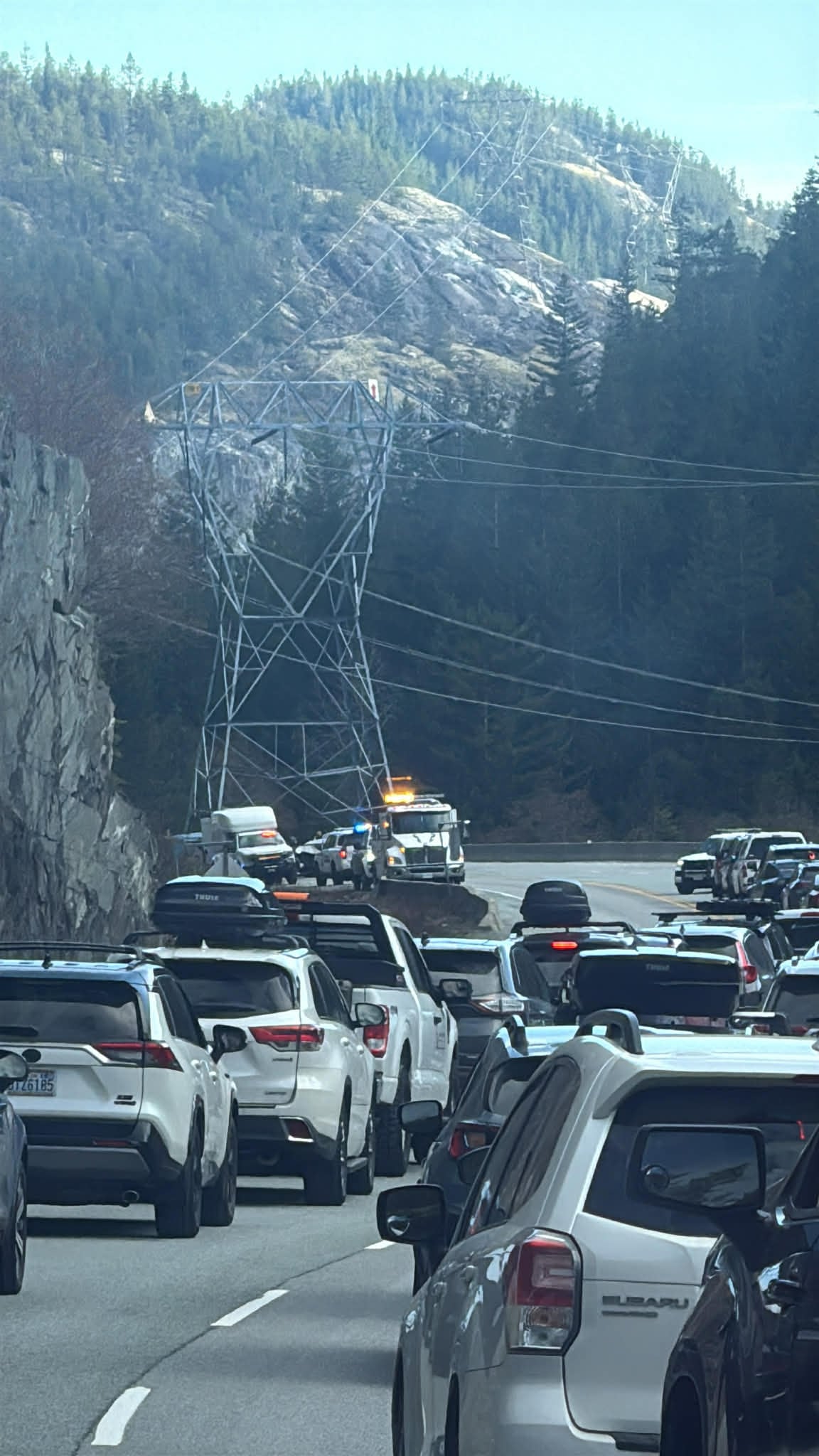 A line of vehicles is stopped on a highway and mountains and trees in the background.