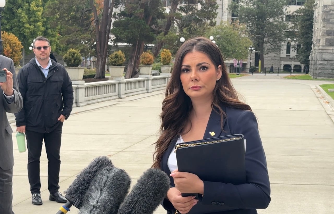 A woman in a blue suit stands in front of the legislature 