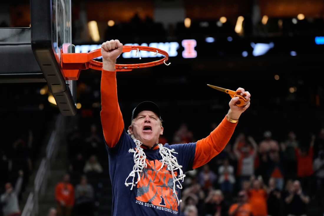 Illinois coach Brad Underwood celebrates after Illinois beat Iowa in an Elite Eight game in the NCAA college basketball tournament Saturday, March 28, 2026, in Houston.