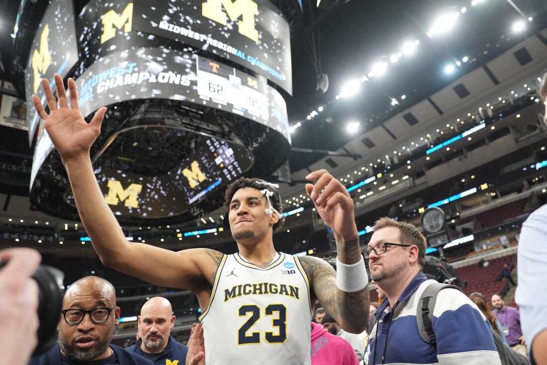 Michigan's Yaxel Lendeborg (23) celebrates after defeating Tennessee in the Elite Eight of the NCAA college basketball tournament, Sunday, March 29, 2026, in Chicago.