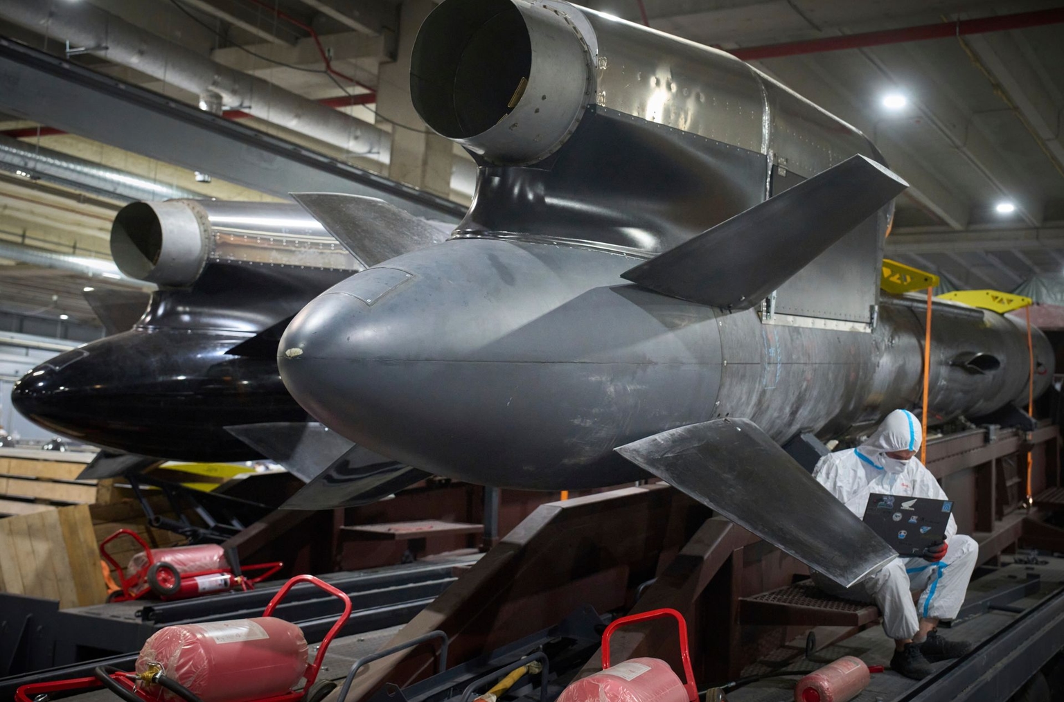 Workers inspect Flamingo cruise missiles at Fire Point’s factory in an undisclosed location in Ukraine, on Aug. 18, 2025. 