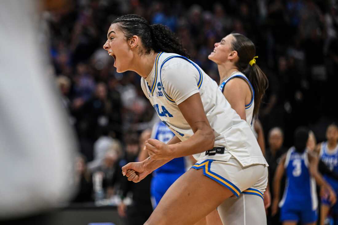 UCLA center Lauren Betts (51) rects after defeating Duke in the Elite Eight of the NCAA college basketball tournament Sunday, March 29, 2026, in Sacramento, Calif.