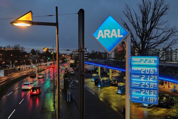 Fuel prices are listed at a gas station in Frankfurt, Germany, Monday, March 30, 2026. (AP Photo/Michael Probst)
