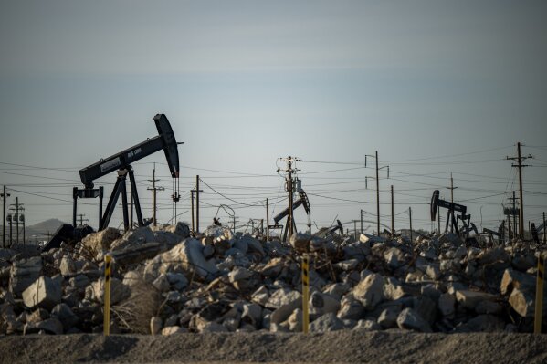 Wells at the San Ardo Oil Field in San Ardo, Calif., Monday, March 9, 2026. (AP Photo/Nic Coury)
