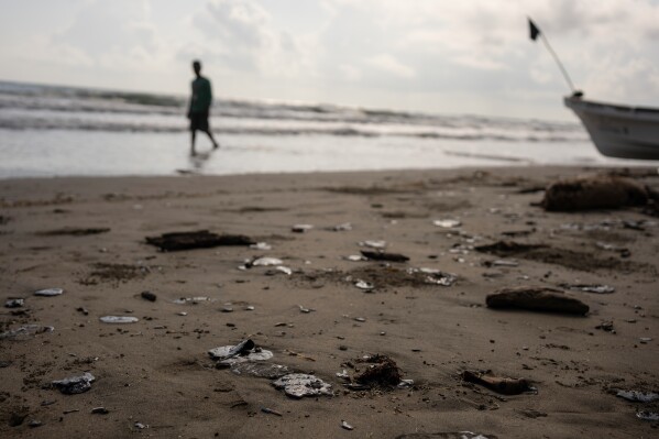 Clumps of oil residue lie on the shore after fishing outings were suspended because of an oil spill that Mexican authorities said originated from an unidentified vessel and two natural oil seeps along the Gulf coast in Salinas, Mexico, Thursday, March 26, 2026. (AP Photo/Felix Marquez)