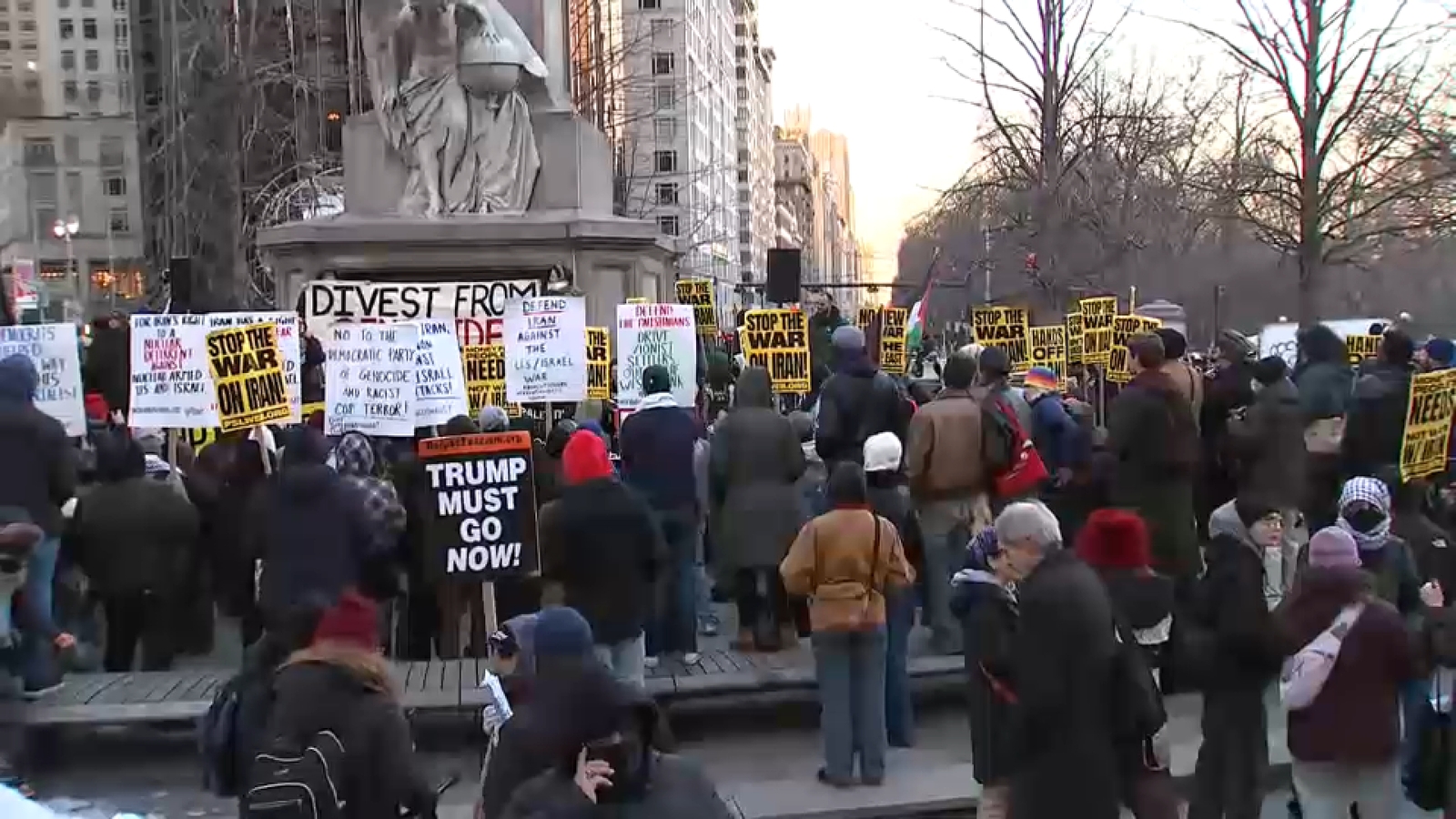 US-Iran airstrikes: NYC protests in Columbus Circle, Times Square demonstrating against attacks overseas