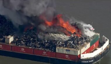 Massive fire erupts on scrap metal barge in Delaware Bay