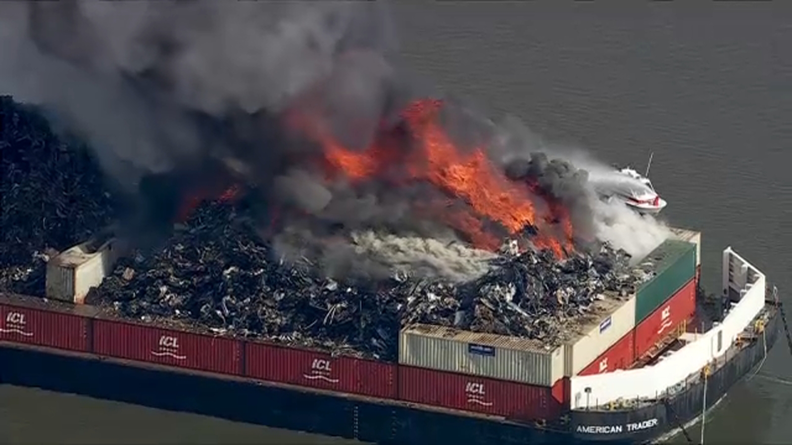Massive fire erupts on scrap metal barge in Delaware Bay