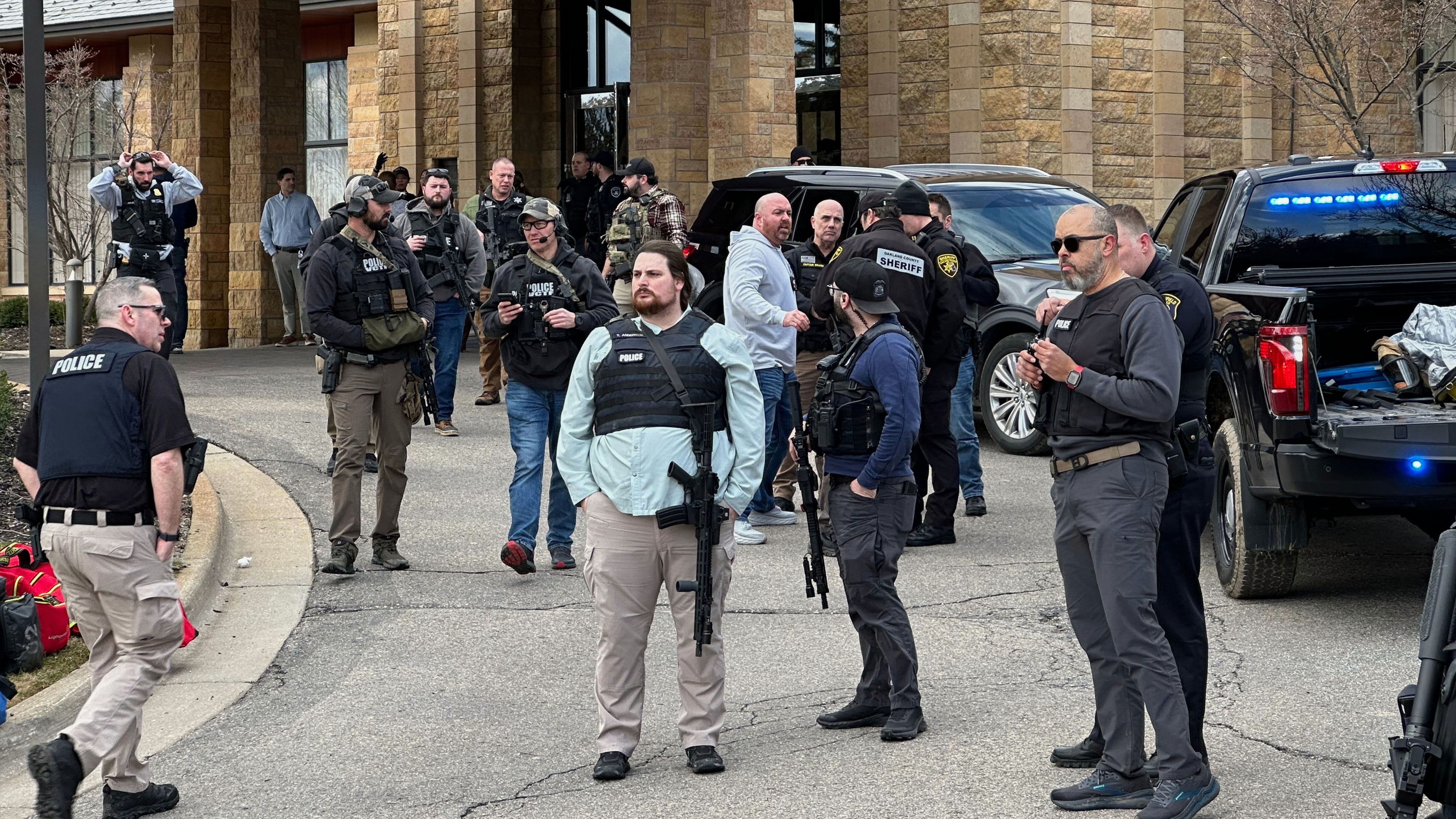 Law enforcement respond to a call at Temple Israel synagogue in West Bloomfield Township, Mich. 
