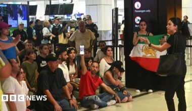 A group of around 15 people, some seated, some standing, at the airport. Some with the Lion and Sun flag, which served as the official state flag before the Islamic revolution in Iran