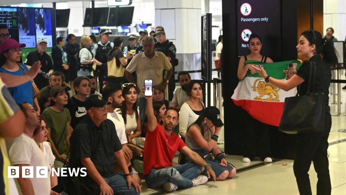 A group of around 15 people, some seated, some standing, at the airport. Some with the Lion and Sun flag, which served as the official state flag before the Islamic revolution in Iran