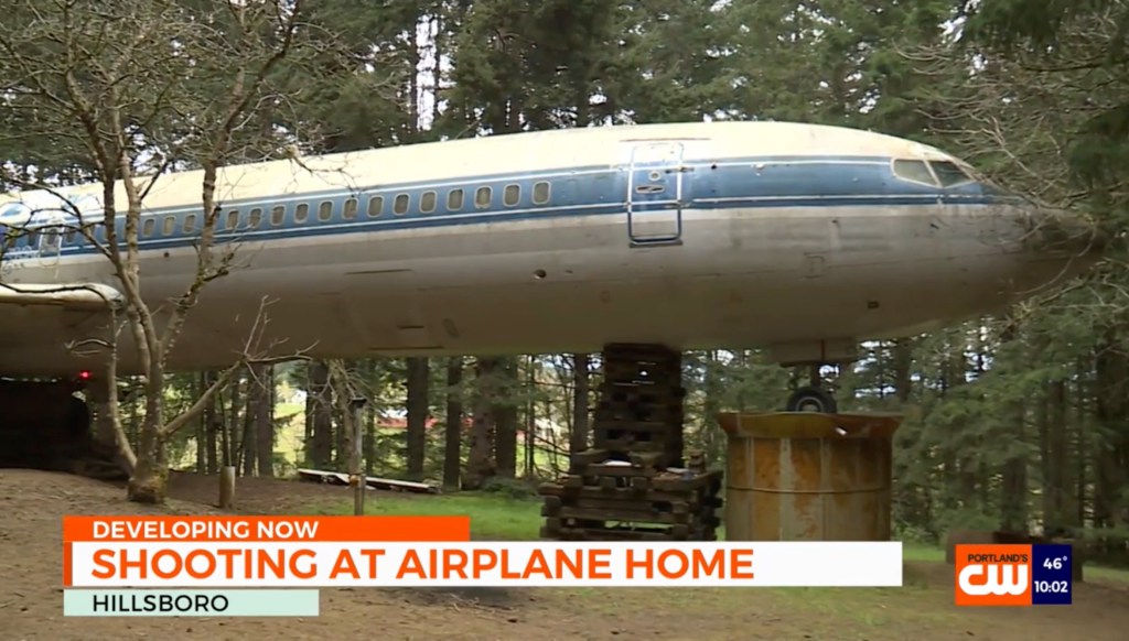 A Boeing 727 airplane converted into a house in Hillsboro, Oregon, where a shooting occurred.