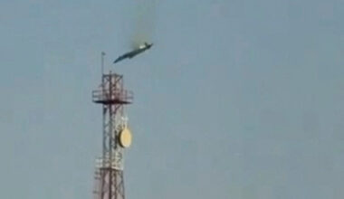 A burning aircraft falls from the sky in Al Jahra, in this still image obtained from social media video