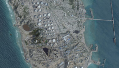 A satellite image shows an oil terminal, in Kharg Island