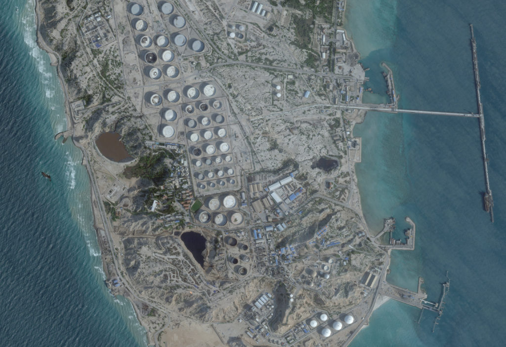 A satellite image shows an oil terminal, in Kharg Island