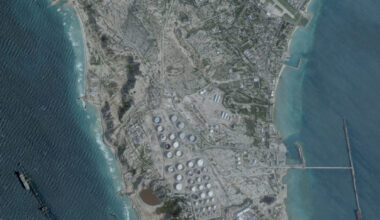 A satellite image shows an oil terminal, in Kharg Island
