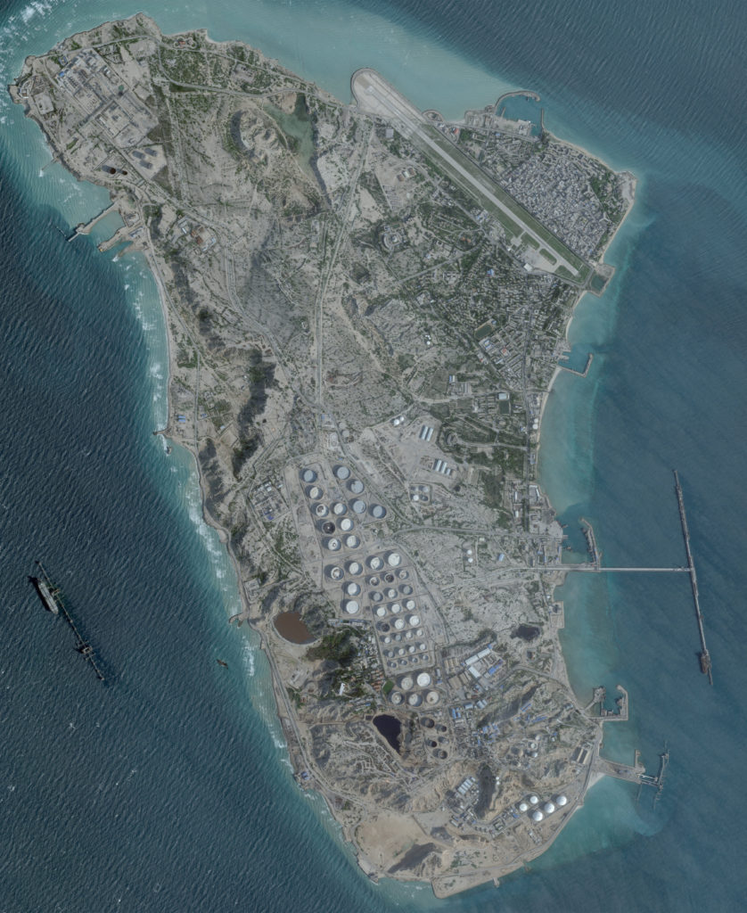 A satellite image shows an oil terminal, in Kharg Island