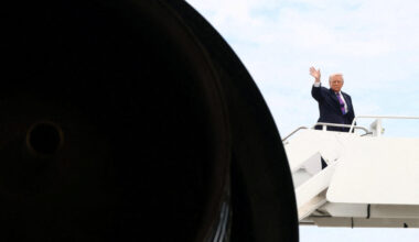 U.S. President Donald Trump boards Air Force One at Joint Base Andrews in Maryland