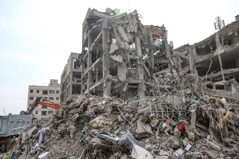 Emergency personnel work at the site of a strike