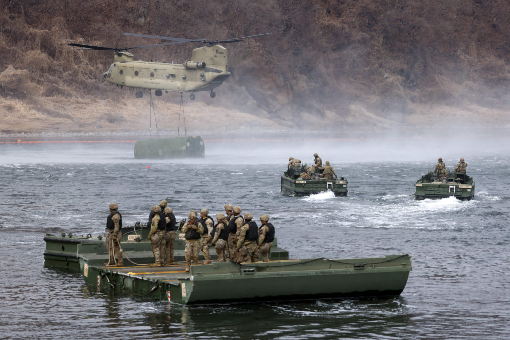 U.S. and South Korean forces participate in river-crossing exercise as part of the annual Freedom Shield military drills, ...