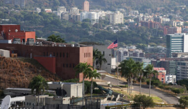 The U.S. flag hoisted at the Venezuela Affairs Unit as the U.S. and Venezuela re-establish diplomatic relations, in Caracas