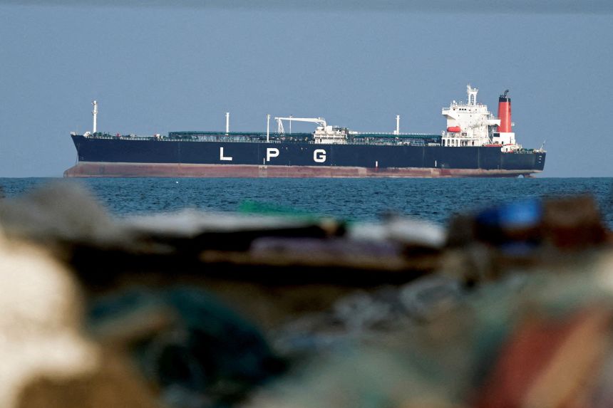 A liquid petroleum gas tanker at anchor as traffic is down in the Strait of Hormuz, in Shinas, Oman, on March 11, 2026.
