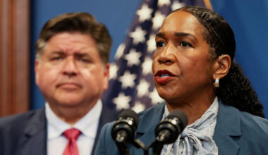 FILE PHOTO: Illinois Governor Pritzker and Chicago Mayor Johnson hold press conference on reports of federal deployments i...
