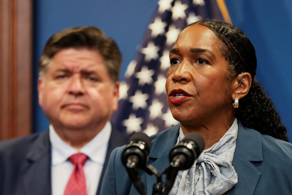 FILE PHOTO: Illinois Governor Pritzker and Chicago Mayor Johnson hold press conference on reports of federal deployments i...