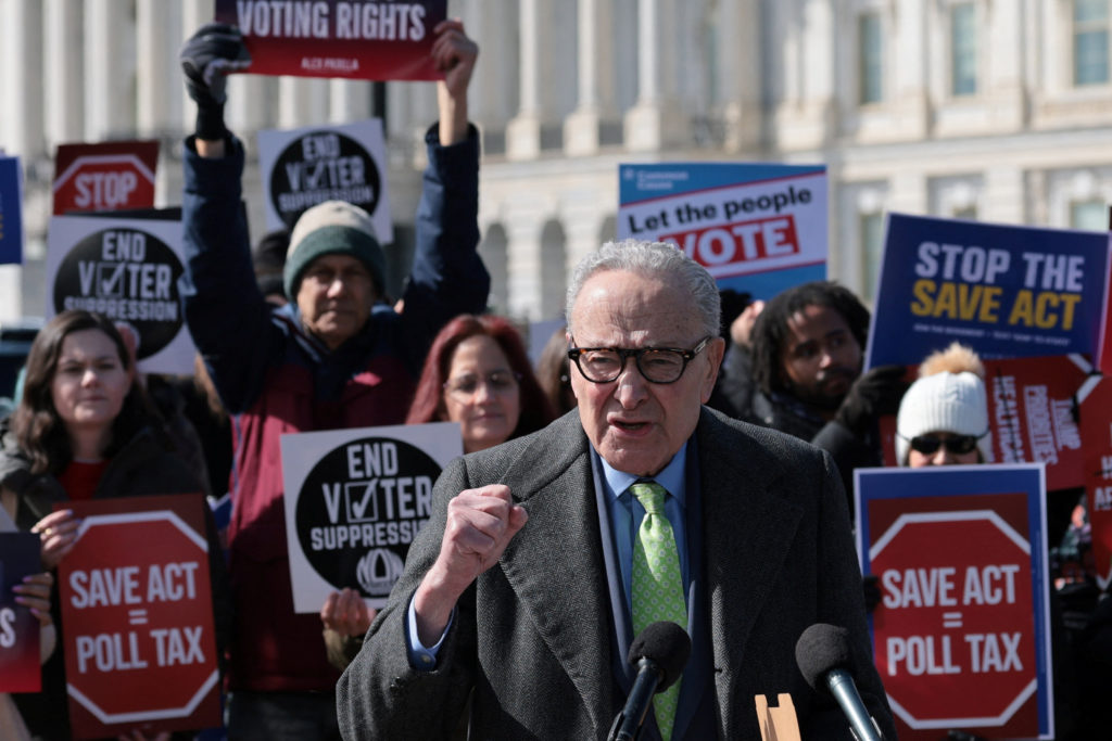 Senate Democrats speak to gathering opposed to the SAVE America legislation at the U.S. Capitol in Washington