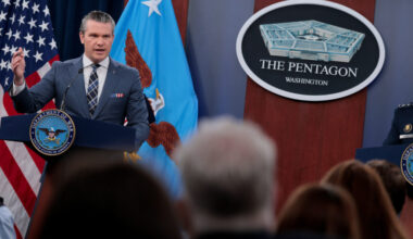 U.S. Secretary of Defense Pete Hegseth and Chairman of the Joint Chiefs of Staff General Dan Caine hold a briefing amid th...