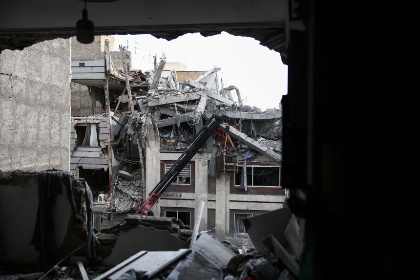 A view from inside a residential building damaged by a strike, in Tehran, Iran, on Friday.
