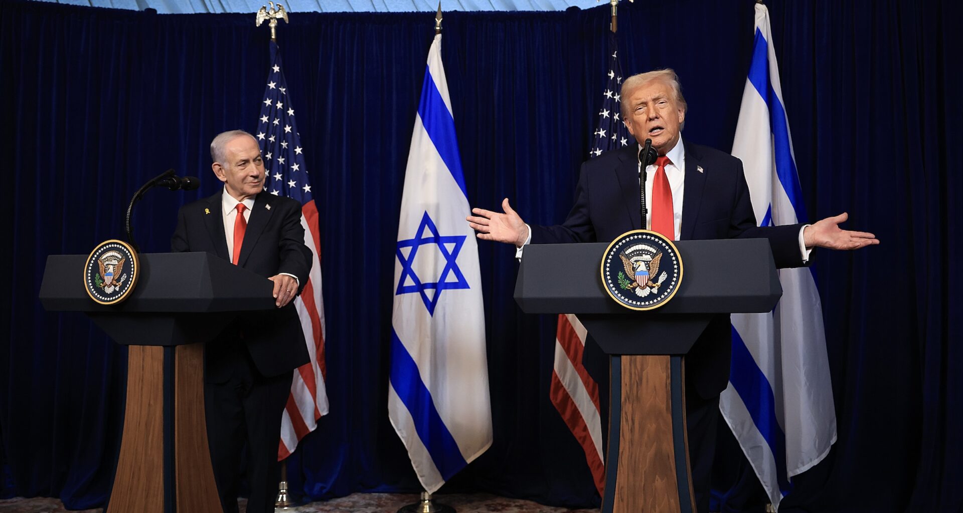 U.S. President Donald Trump holds a press conference with Israeli Prime Minister Benjamin Netanyahu at his Mar-a-Lago club on December 29, 2025 in Palm Beach, Florida.
