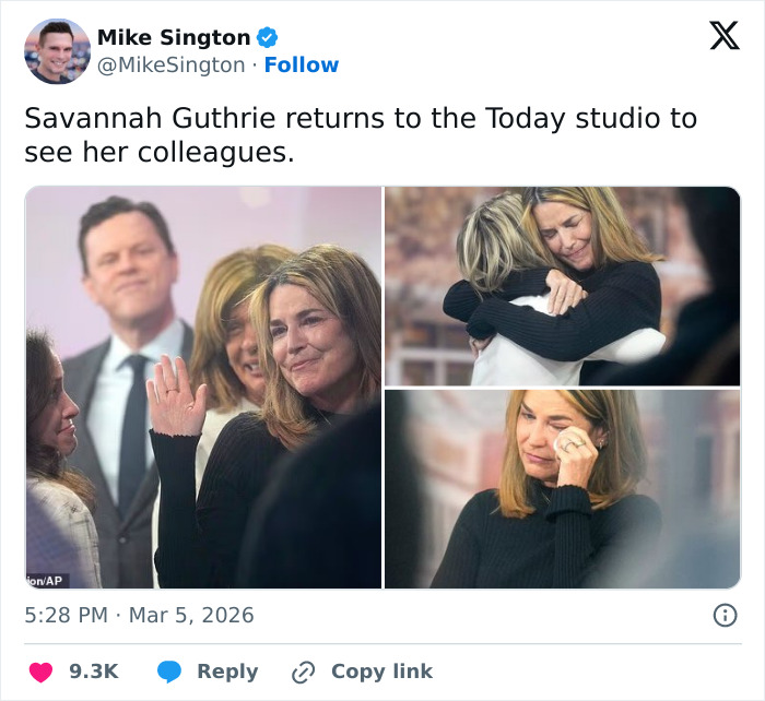 Savannah Guthrie emotional return to Today show amid mom’s kidnapping case, hugging colleagues and wiping tears.