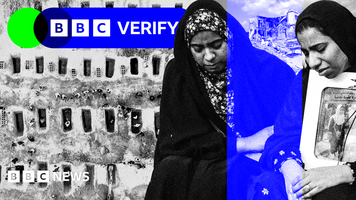 An image of the aftermath of the Iranian school in Minab, with debris and rubble piled up infront of it. The BBC Verify logo is in the top lefthand corner.